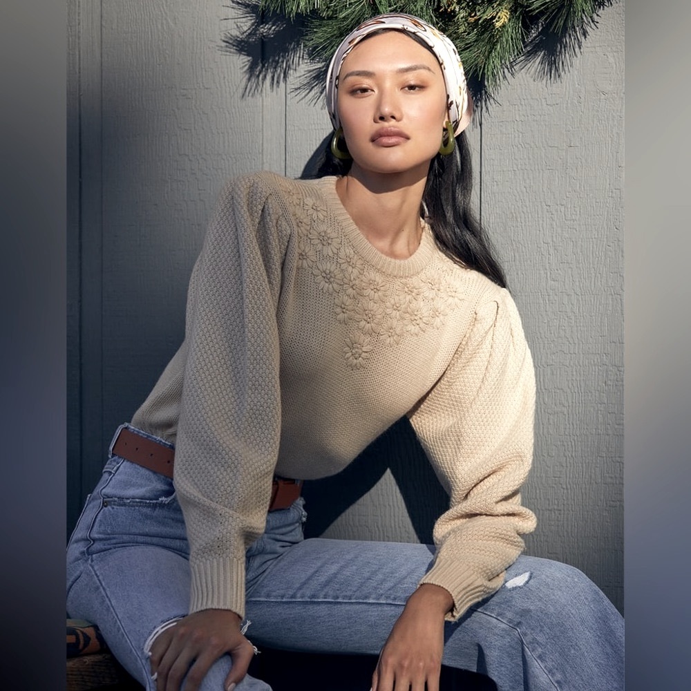 Lulus Petal Warmed Up Beige Flower Sweater